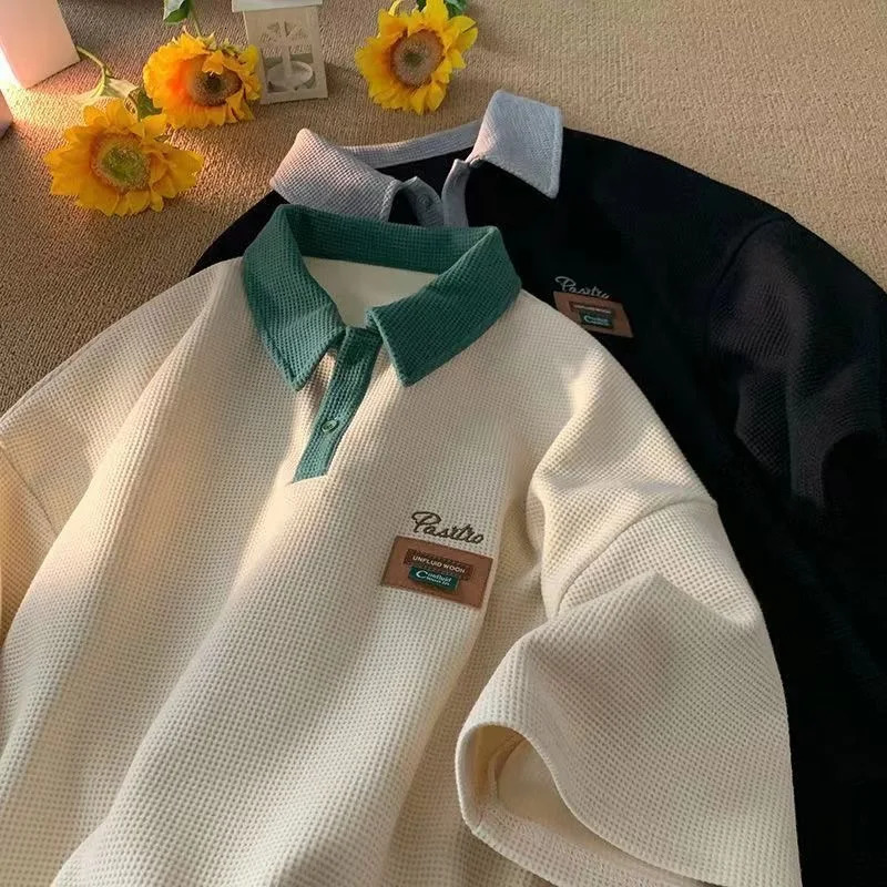 Polo shirt short sleeved T-shirt mens summer vintage American fashion waffle fully matched heavy-duty half sleeved top 241230