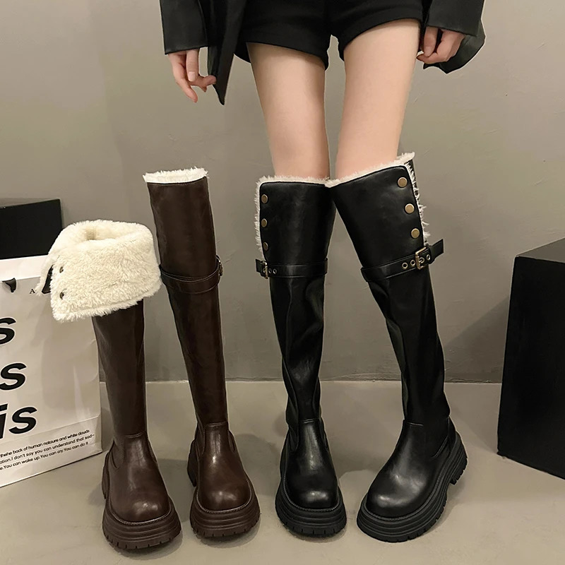Winter Women Warm Cotton Knee High Boots Elegant Slip On Shoes Concise Thick Heel Long Botas De Mujer 250103