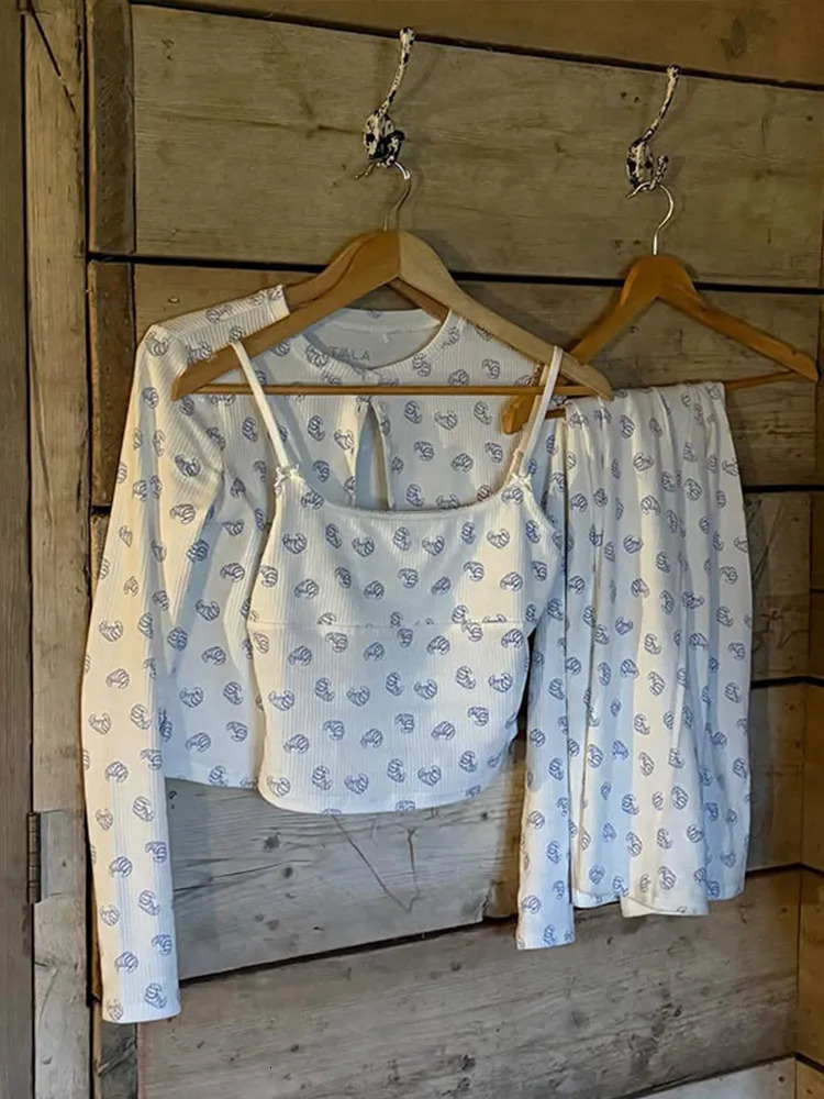 3 Pieces Pajama Sets Women Printed Spaghetti Strap Top Long Sleeve Cardigan Elastic Wide Leg Pants Sleepwear Nightwear Homewear 250103