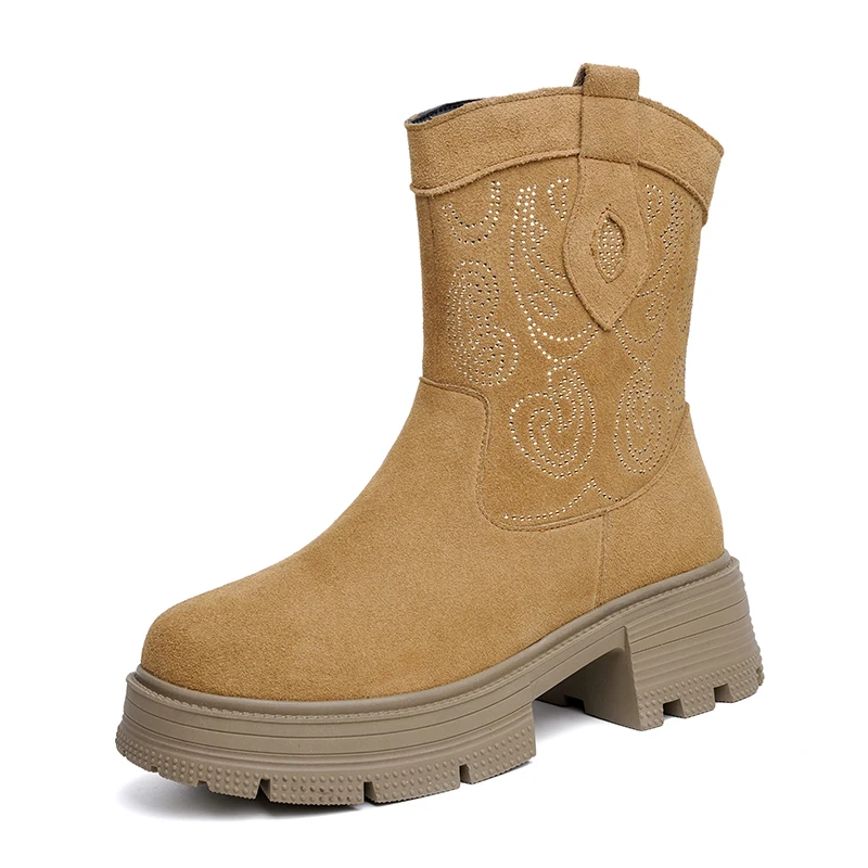 AIYUQI Western Cowboy Boots Women Genuine Leather Winter Shoes Boots Women Short Tube Fashion Women's Snow Boots
