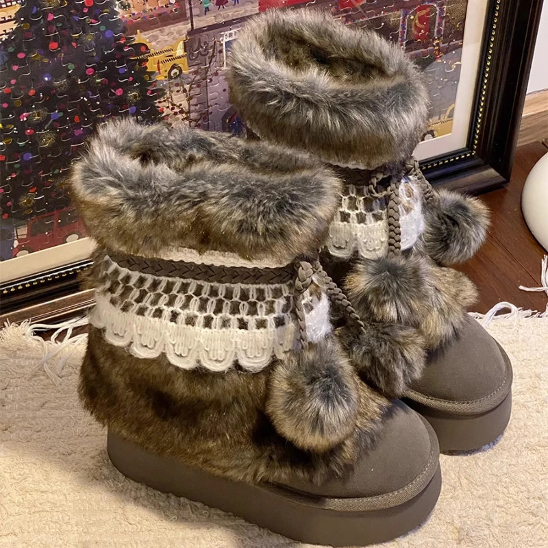 Faux Fur Women Winter Snow Fluffy Fuzzy Warm Cozy Waterproof Platform Lace-up Mid-Calf Ski Boots 2024 250103