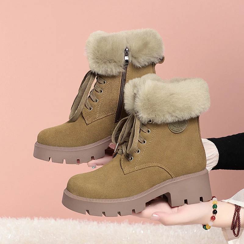 AIYUQI Winter Snow Boots Women Genuine Leather Suede Natural Wool Women Winter Boots Platform Anti Slip Women Ankle Boots