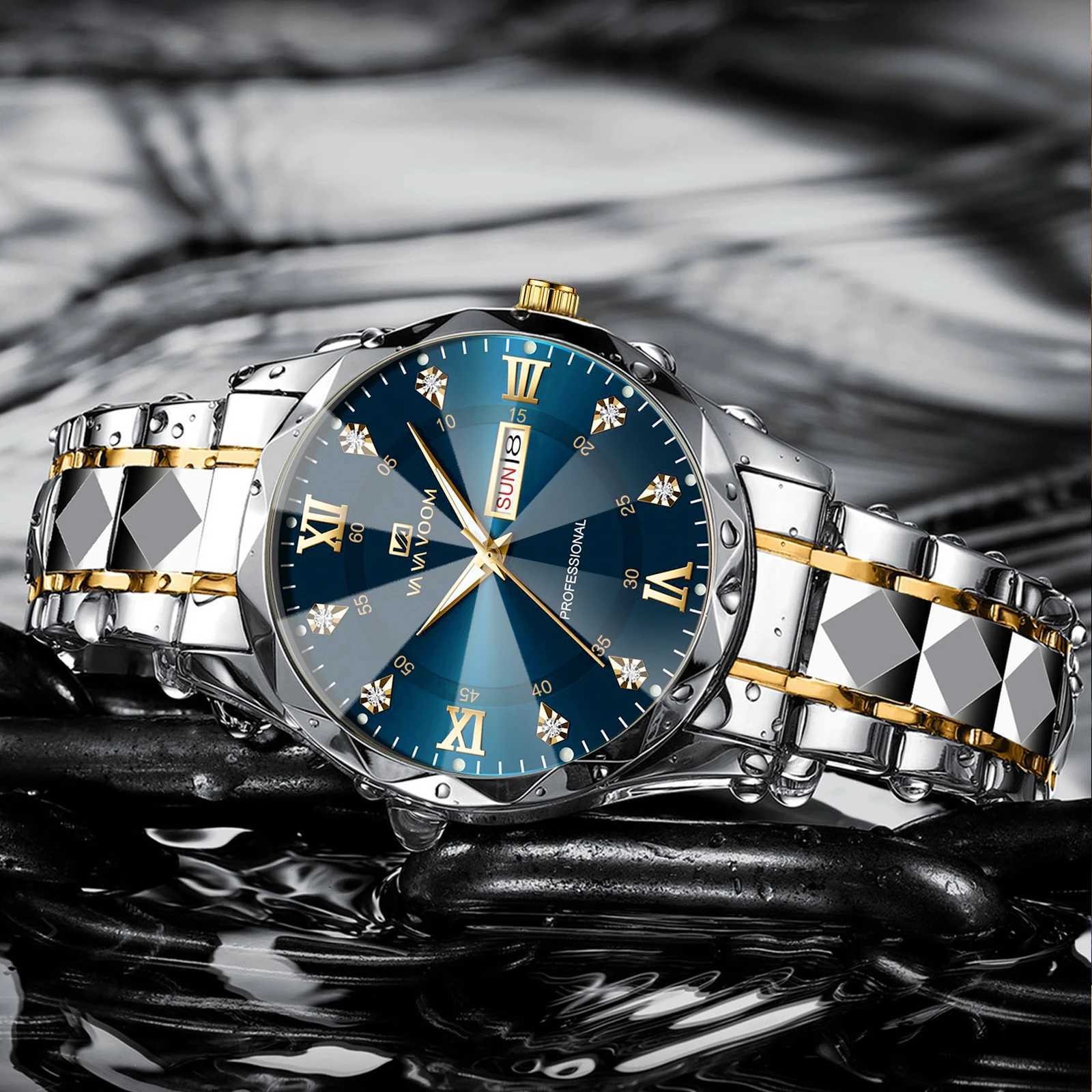 Mens Water Diamond Luxury Luminous Double Calendar Quartz Finish 41mm Blue Gold Stainless Steel Fashion Bus W250104