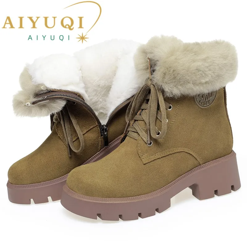AIYUQI Winter Snow Boots Women Genuine Leather Suede Natural Wool Women Winter Boots Platform Anti Slip Women Ankle Boots