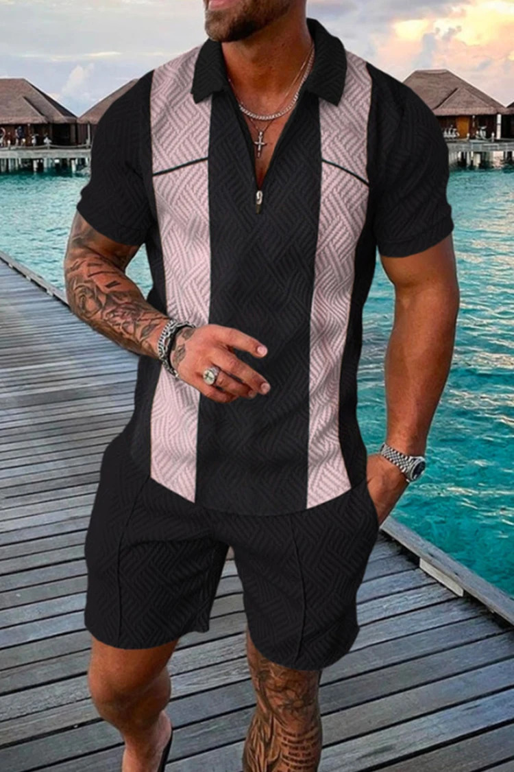Men Summer Polo Shirt Set 2 Pieces Hawaii Tracksuit Casual Business Suit Fashion Trun Down Collar Zipper Clothing Vintage Outfit 250102