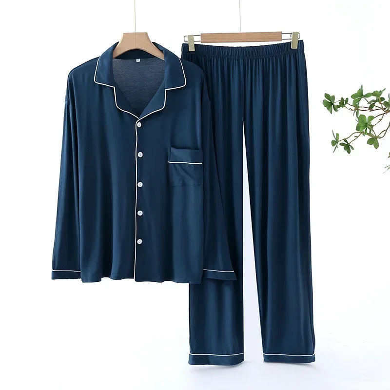 Trouser Pajamas Sets for Mens Spring and Autumn Long Sleeve Modal Thin PlusSized Homewear Suit Solid Colors Pyjama Men 250103