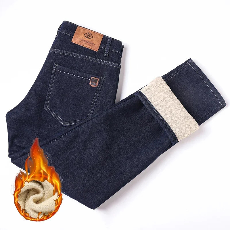 Winter Men Plush Wool Elastic Straight Denim Pants Soft Fabric Thicken High Waist Stretch Jeans Male Warm Fleece Work Trousers 241230