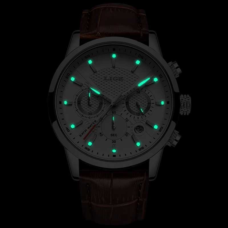 LIGE 2023 Mens Fashion Sports Quartz Watch Mens Top Leather Military Waterproof Date Relogio Masculino W250104