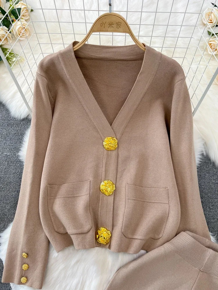 Women Outfits Sweater Two Piece Set Autumn Winter Vneck Single Breasted Knitted Jacket High Waist Straight Leg Wide Pants Suits 241223