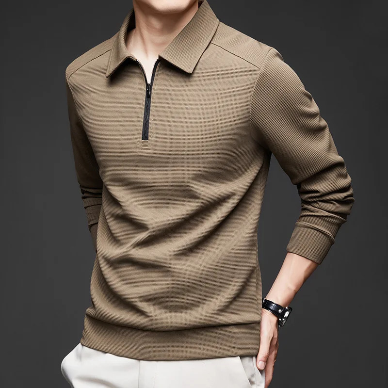 Spring and Autumn Half Zipper Polo Shirt Long Sleeve Mens Casual Fashion Solid Color Full Match Simple Trend Fashion Top 241230