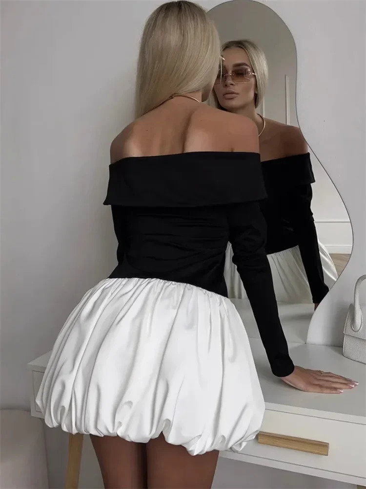 Tossy Knitwear Patchwork Slim Mini Dress Womens Off-Shoulder Long Sleeve Contrast Elegant Party Dress Female Backless Dress 250102