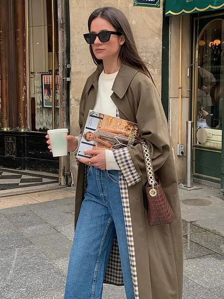 Women Solid Single Breasted Lapel Windbreaker Long Sleeve Plaid Lining Trench Coat 2024 Autumn Chic High Street Overcoat 241224
