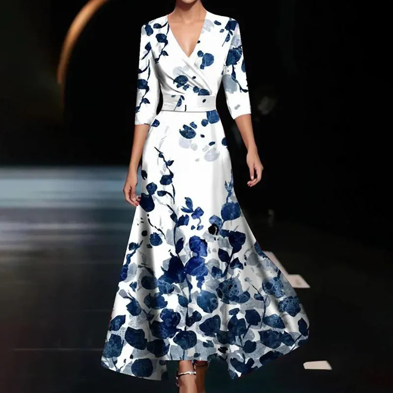 Retro dress for women sexy spring V-neck printed hem Bohemian Maxi dress elegant and fashionable half sleeved waist pleated party dress 241230