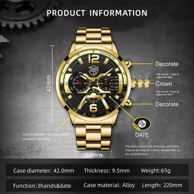 5-piece DEYROS Fashion Mens Calendar Mens Busin Stainless Steel Quartz Wrist Mens Casual Necklace Bracelet W250104