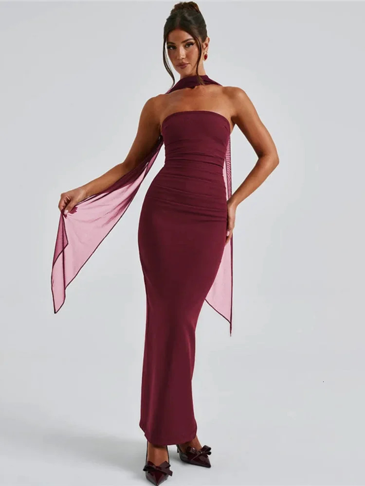 Fashion Strapless Backless With Silk Scarf Maxi Dress Women Chic Off Shoulder Bodycon Long Dresses Sexy Party Evening Robe 250103