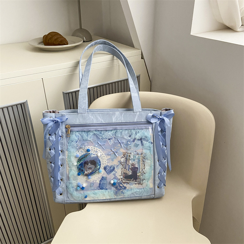 Full Red Chan Same Style Ribbon Pain Women's New Large Capacity Tote JK Bow Transparent Baby Bag