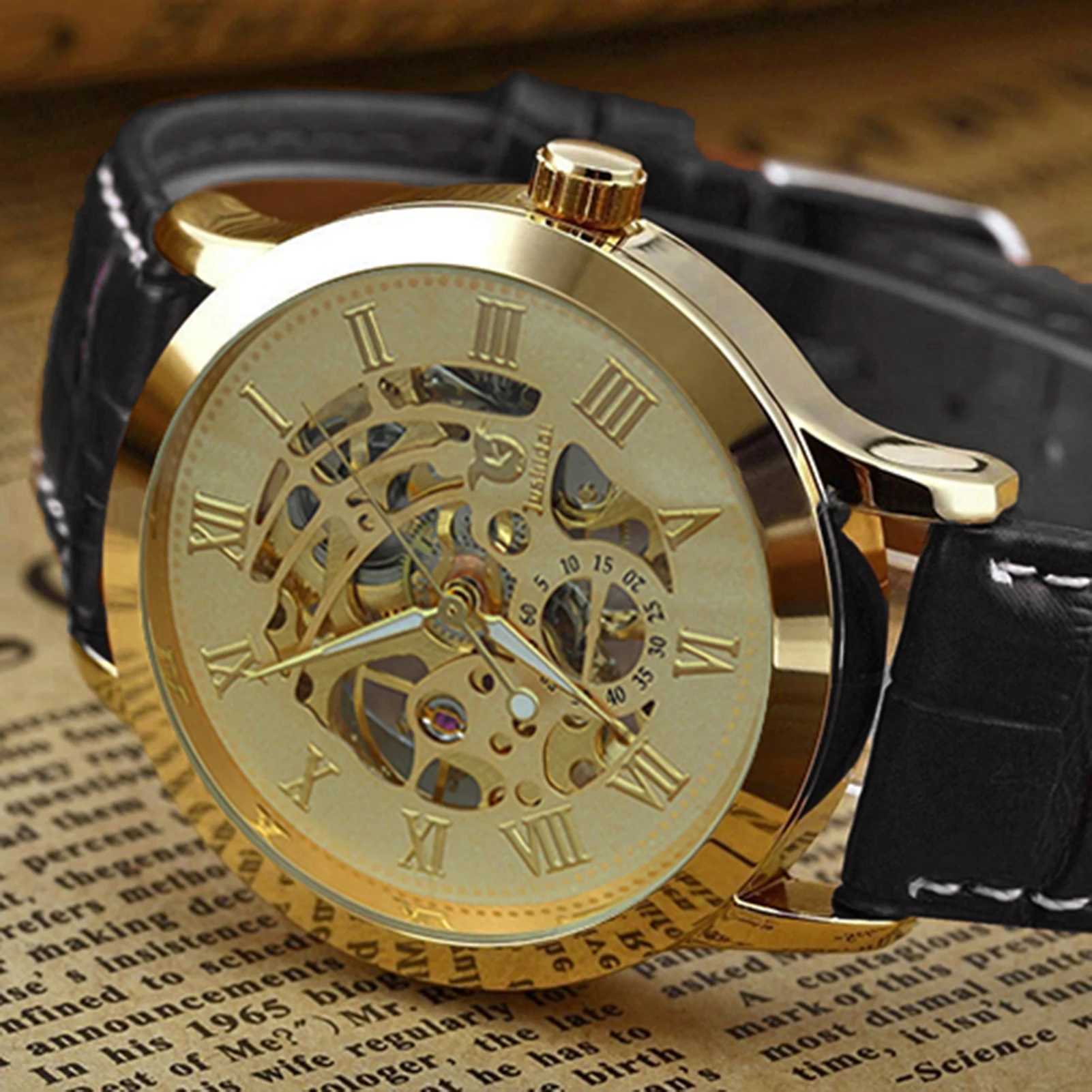 Mens luxury skeleton Roman numerals hollow dial stainless steel strap mechanical mens gift mens Bussin watch W250104