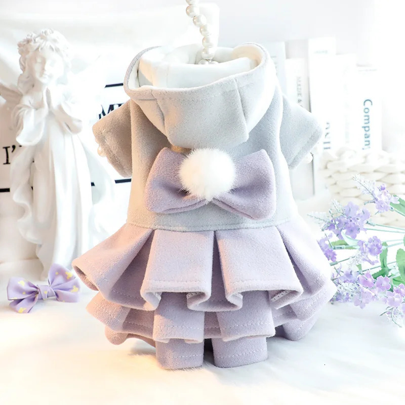 Pet Clothing Autumn Winter Dress Cat and Dog Woolen Cloth Fleece Princess Dress Pink Purple Warm Hoodie Coat 250103