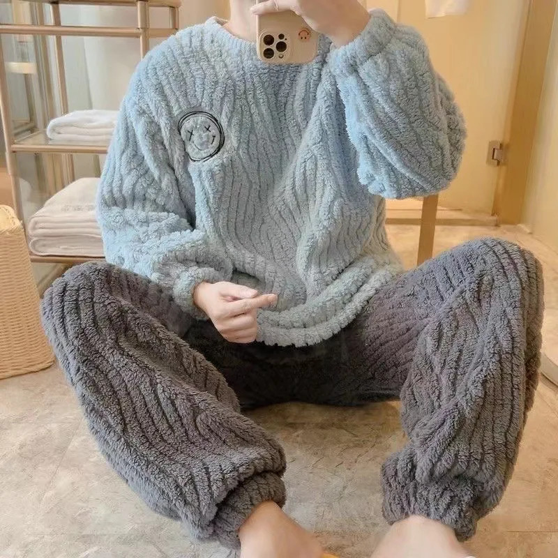Thickened Warm Flannel Men Pajamas Round Neck Autumn and Winter Young Large Size Homewear Solid Striped Sleepwear Loungewear 250103