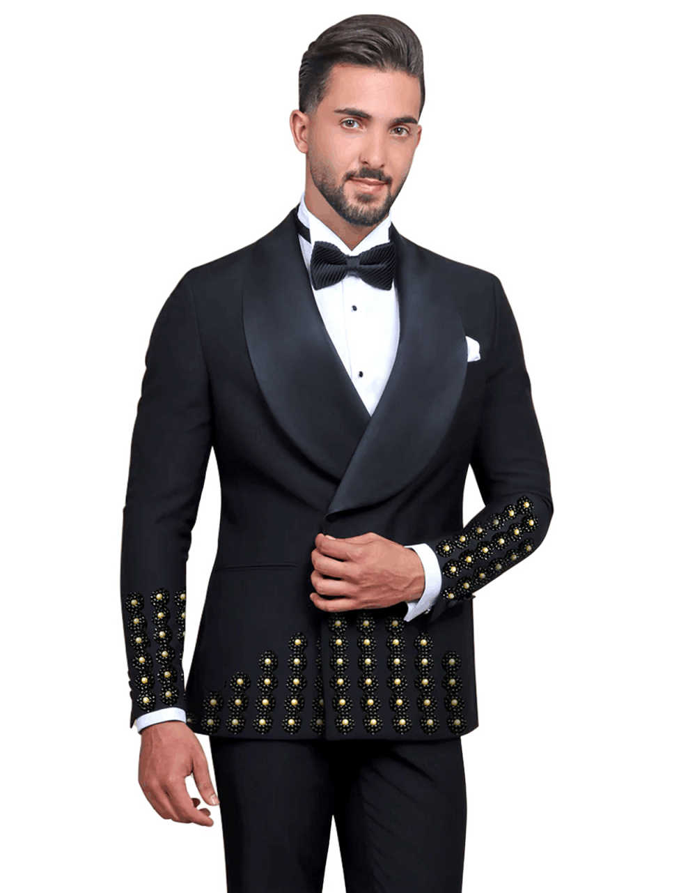 Customize Slim Fit Groom Tuxedos Designer New Fashion Two-Pieces Mens Suit Beaded One Button Customized Shawl Lapel Pockets Bridegroom Tailor Made Coa