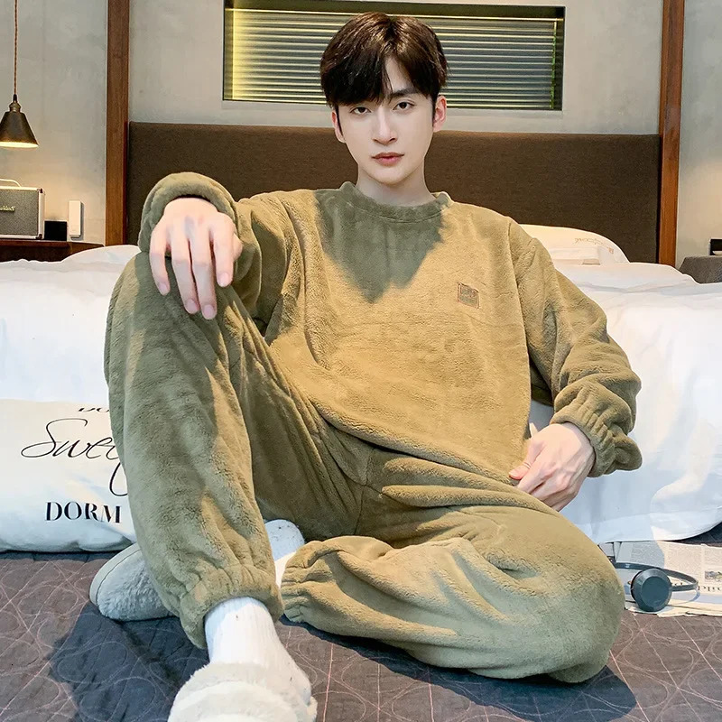 Soft Coral Fleece Pajamas Suit Men Winter Thickened Warm Flannel Homewear Male Autumn Fashion Thermal Loungewear Gents 250103