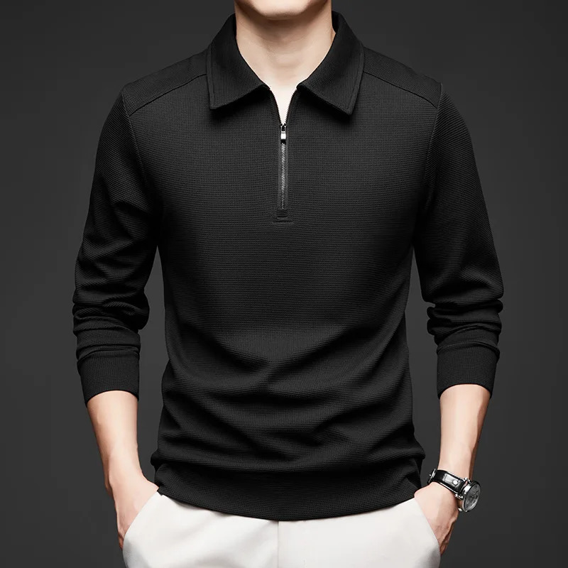 Spring and Autumn Half Zipper Polo Shirt Long Sleeve Mens Casual Fashion Solid Color Full Match Simple Trend Fashion Top 241230