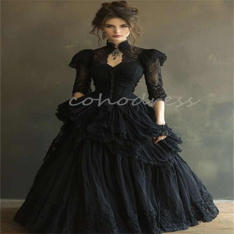 Victorian Gothic Black Wedding Dress Edwardian Era Halloween Civil Bride Dress Medieval 1950s A line Fantasy Lace Sleeves Vampire Bridal Dress ASesthe