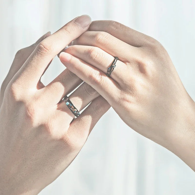 Monkton 100% 925 Sterling Silver Couple Rings Blue Cubic Zirconia Wedding Bands Boho Black Retro Rings for Women Lovers Gift 250103
