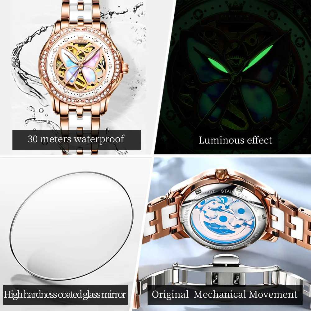 OLEVS 6615 Womens Automatic Mechanical Watch Elegant Luxury Diamond Skeleton Butterfly Dial Womens Set W250104