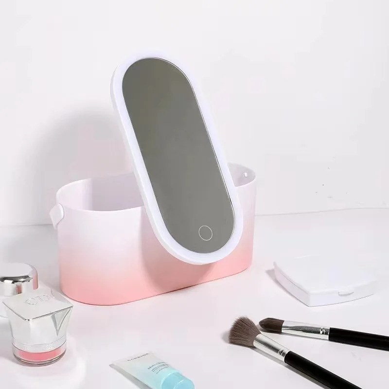 Makeup Organizer Box with LED Light Mirror Portable Travel Makeup Cosmetics Organizer Touch Light Storage Makeup Case 250103
