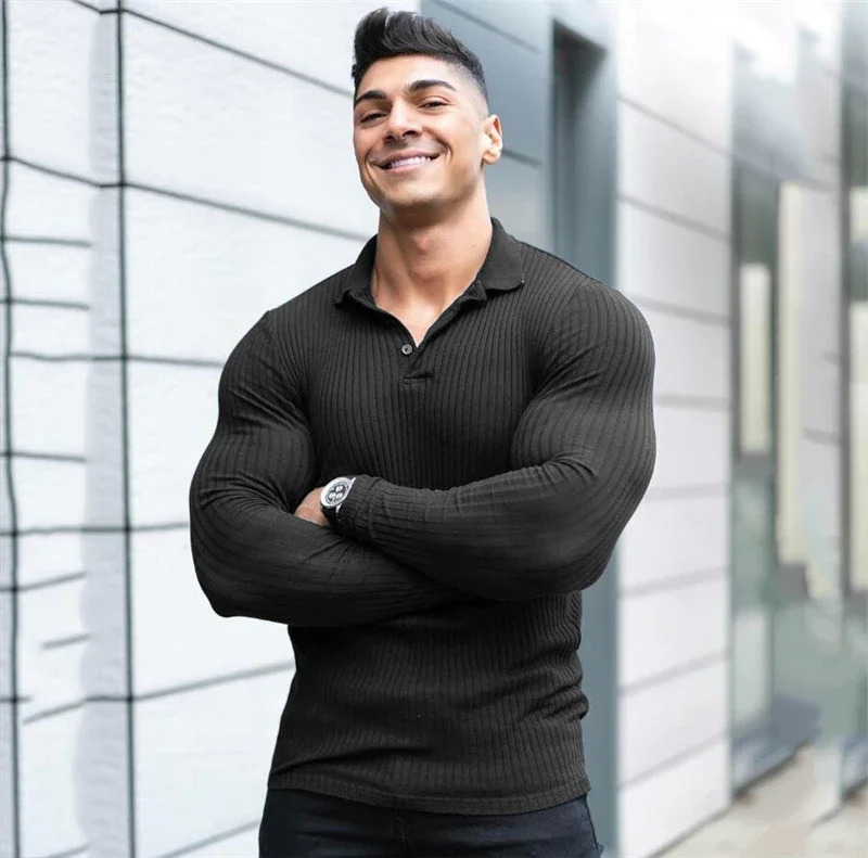 Spring and Autumn Fashion Mens Long Sleeve Knitted Polo Shirt Fitness Clothing Ultra Thin Fit Polo T-shirt Mens Fitness T-shirt Top 250103