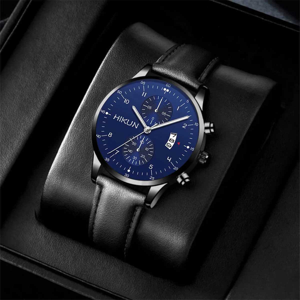 Black classic quartz mens dial fashionable round quartz simple casual sports leather W250104