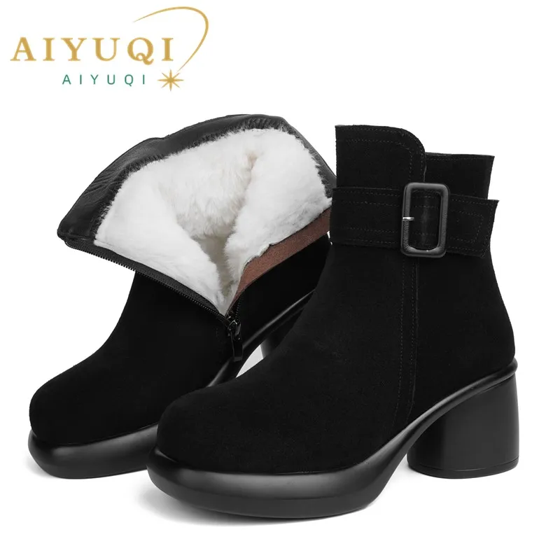 AIYUQI Snow Boots Women Genuine Leather Women Ankle Boots High Heel Fashion Non-slip Natural Wool Women Winter Boots