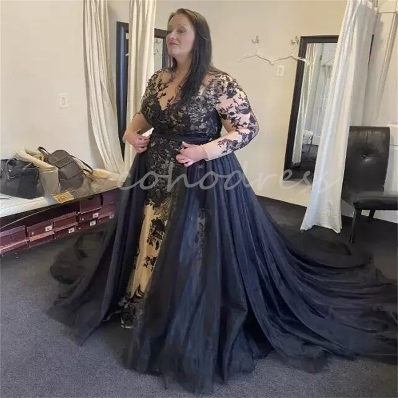 Fantasy Black Gothic Wedding Dress Plus Size Mermaid Country Bridal Dress With Remove Train Bespoke Lace Overskirt Bride Dress Whimsical Vestio De Nov