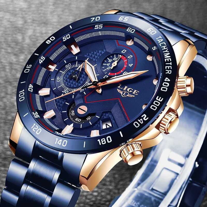 LIGE Mens Top Luxury Stainless Steel Blue Waterproof Quartz Mens Fashion Timing Mens Sports Military W250104