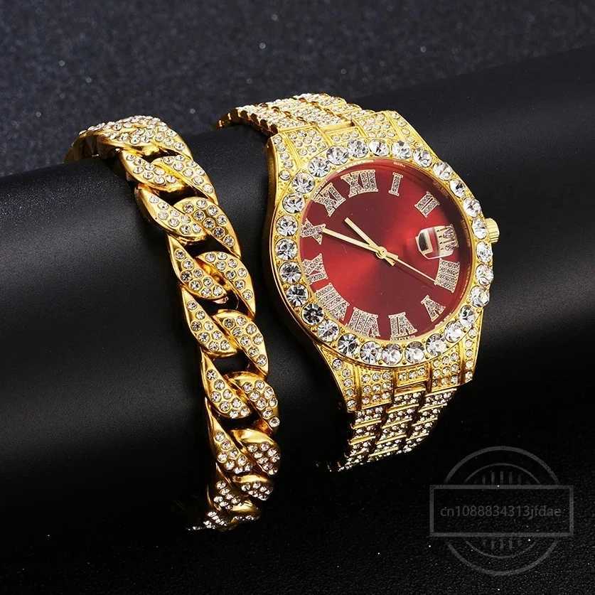 1/2 Hip Hop Stainl steel gold calendar bracelet suitable for men Rhinestone men on exterior walls Reloj Hombre W250104