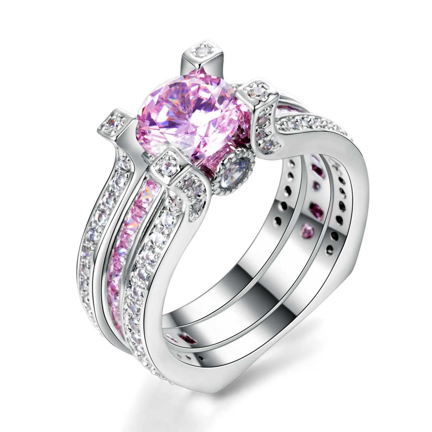 Luxury Pink High Caon Diamond Ring Set 925 Sterling Silver Wedding Band Rings for Women Men Promise Party Jewelry GiftXJ250104