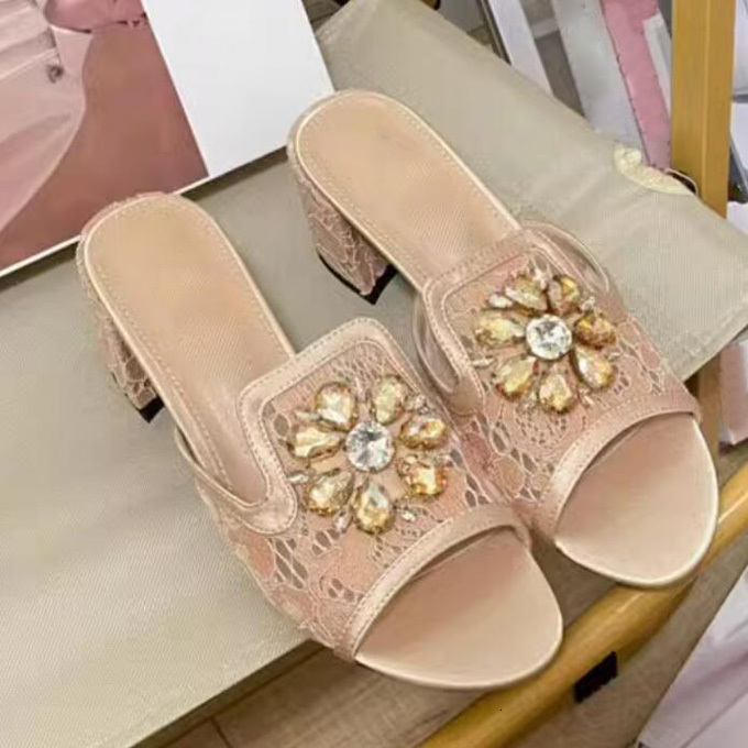 Summer Rhie Wer Chunky High Heels Slipper Ral Lace Sgbacks Sandals Peep Toe Crystal Woman Banquet Wedding Shoes