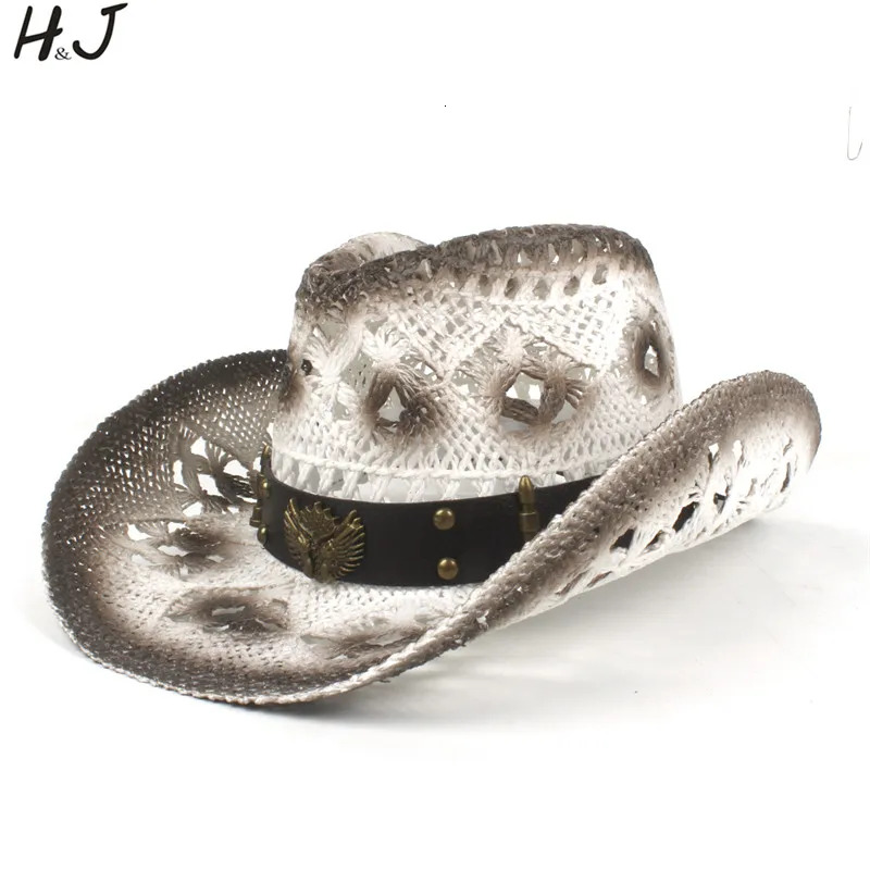 Women's Men's Straw Hollow Western Cowboy Hat For Dad Lady Handmade Western Word Cowgirl Jazz Sombrero Hat