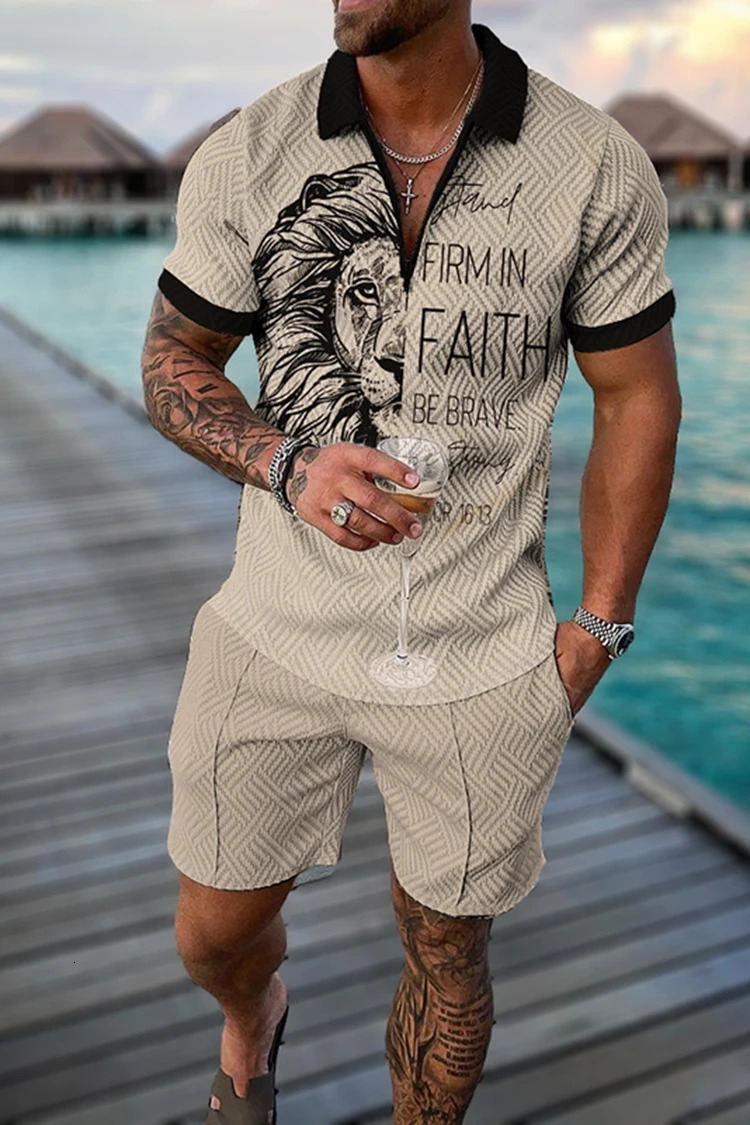 Fashion Summer Mens Tracksuit Short Sleeve Polo Shirt Set Chain Print Clothing 2 Pieces Casual Suit Streetwear Outfit 250102