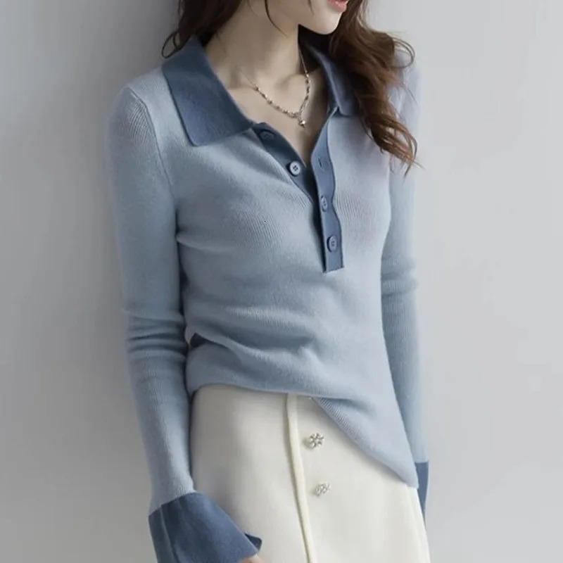 Long sleeved womens T-shirt knitted button womens polo shirt contrasting color T-shirt 250103