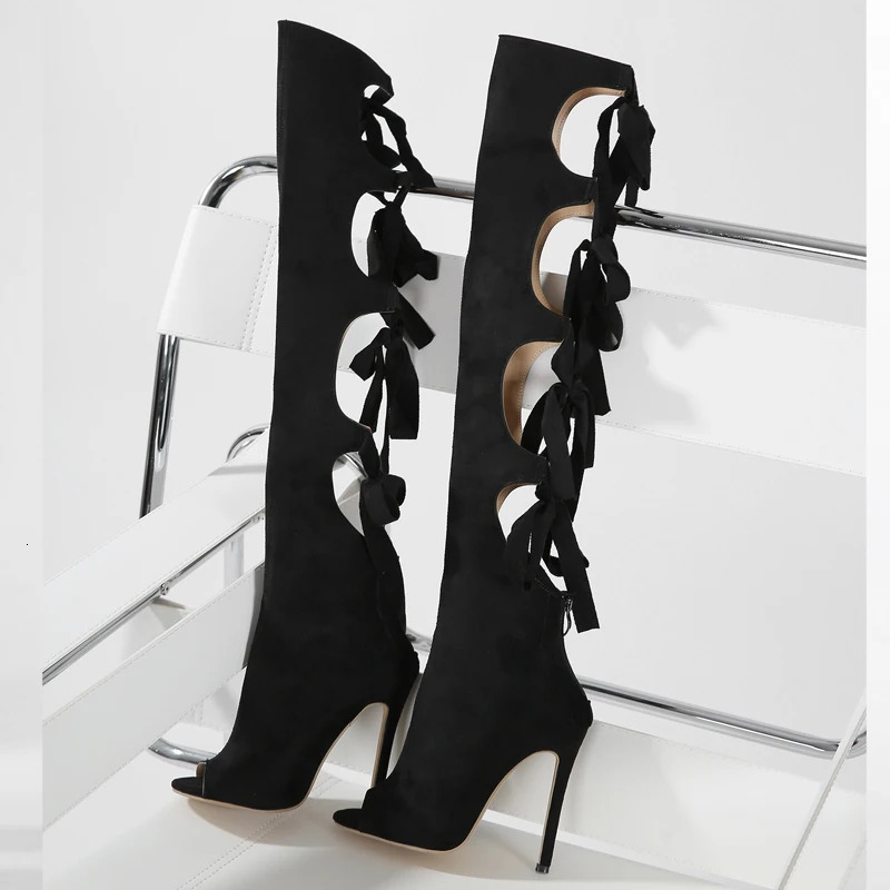 Eilyken Street Style Thin High Heels Women Knee-High Boots Designer Hollow Out Zipper Shoes Sexy Party Prom Atos De Muje