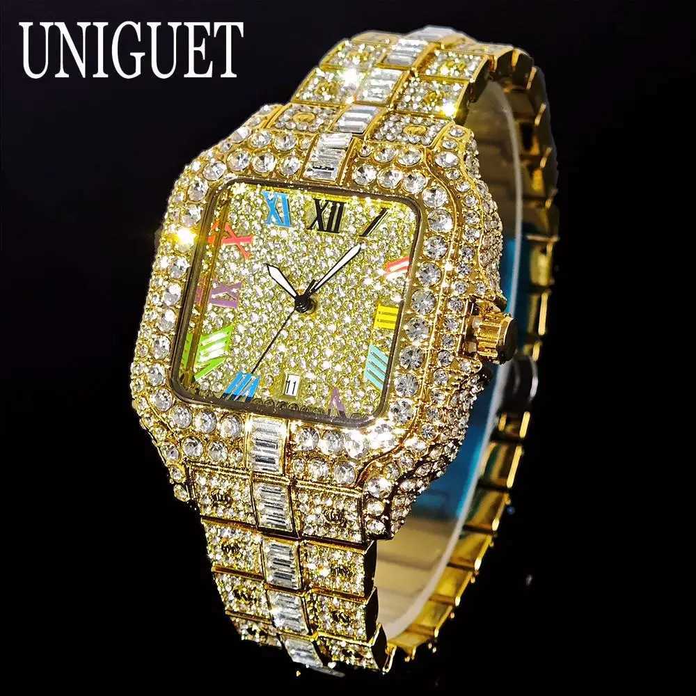 UNIGUET Mens Gold D Quartz Fashion Color Roman Square Mens Hip Hop Diamond AAA Jewelry Watch Gift 2025 W250104