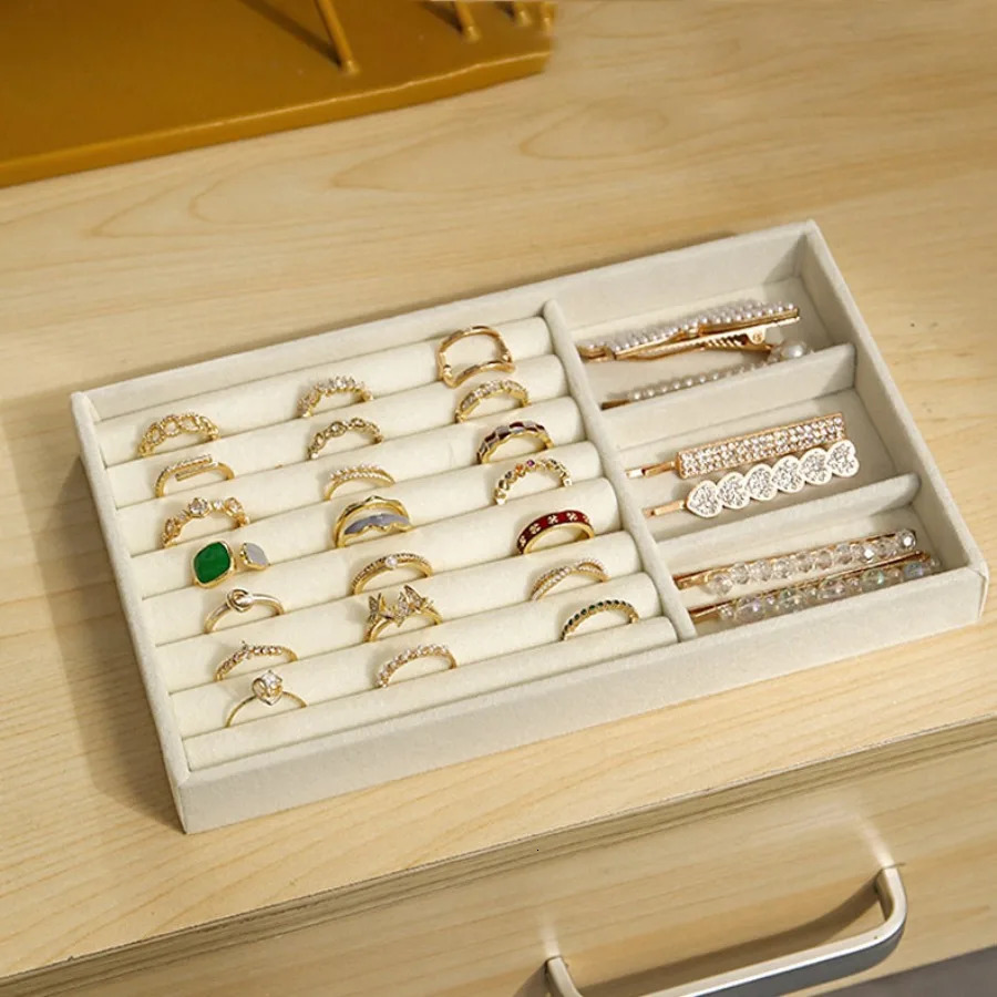 Velvet Jewelry Tray Storage Drawer Small Stackable Beige Boxes and Packaging Suitable for Ring Earrings Simple Practical 241225