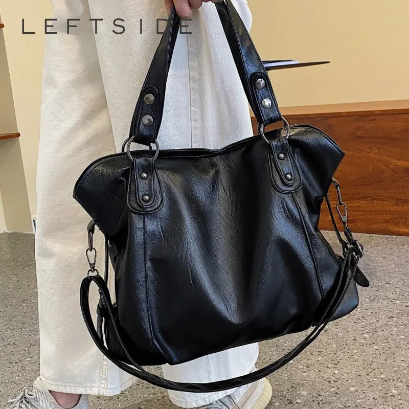LEFTSIDE large Black Shoulder Bags for Women Large Capacity Shopping Bag Solid Color Zipper Leather Bag Lady Travel Tote Handbag 250102