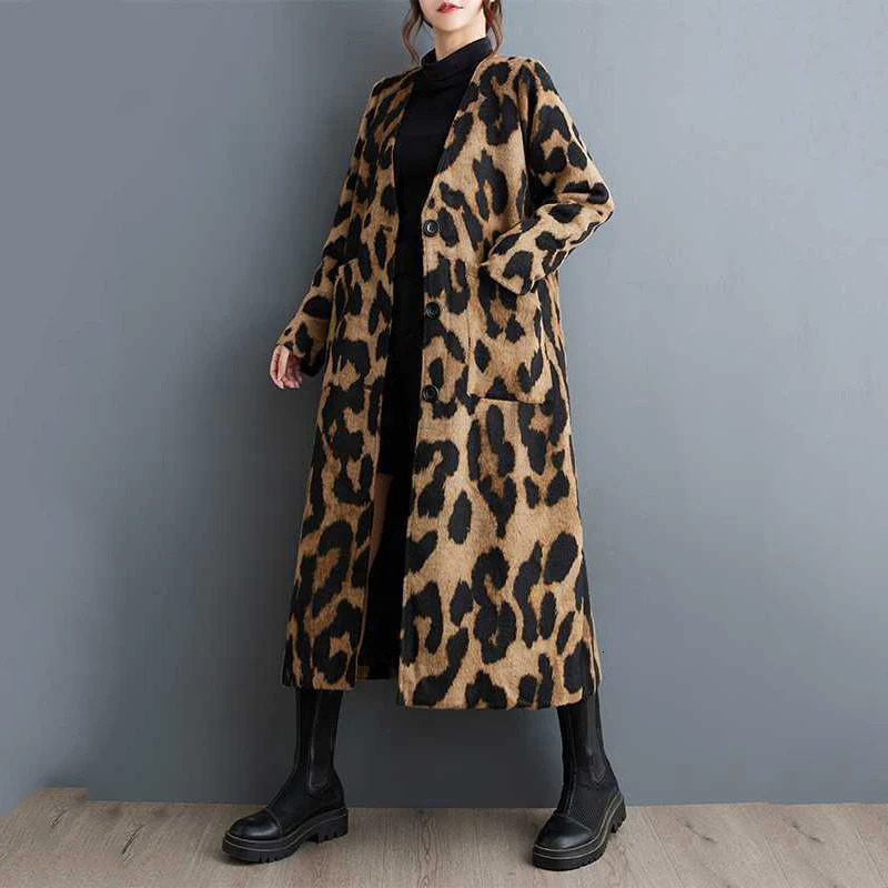 Beautyblue in Coats jackets Leopard Elegant Coat Woman Long Sleeves Pockets Split-Joint V-Neck Outerwear Female Trench Coats 241224