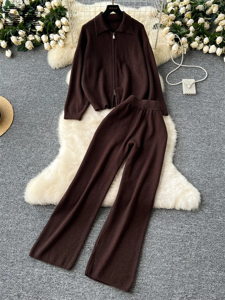 SINGREINY Knitting Two Piece Sets Women Polo Neck Zipper Cardigan SweaterLong Pants Autumn Winter Basics Casual 2pcs Suits 241230