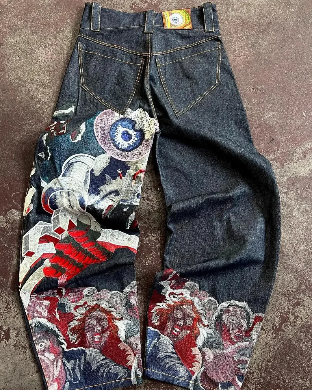 Streetwear Retro Jeans Mens Y2K Hip Hop Abstract Graphic Embroidered Baggy Jeans Harajuku Gothic High Waisted Wide Leg Trousers 250103