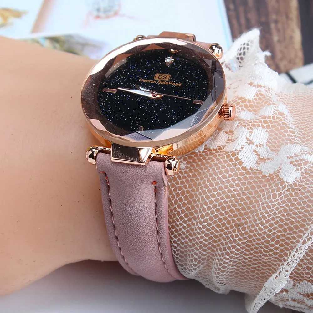 Womens wristband fashionable leather strap simulated quartz circular wristband trend leather wristband blue glass strap W250104