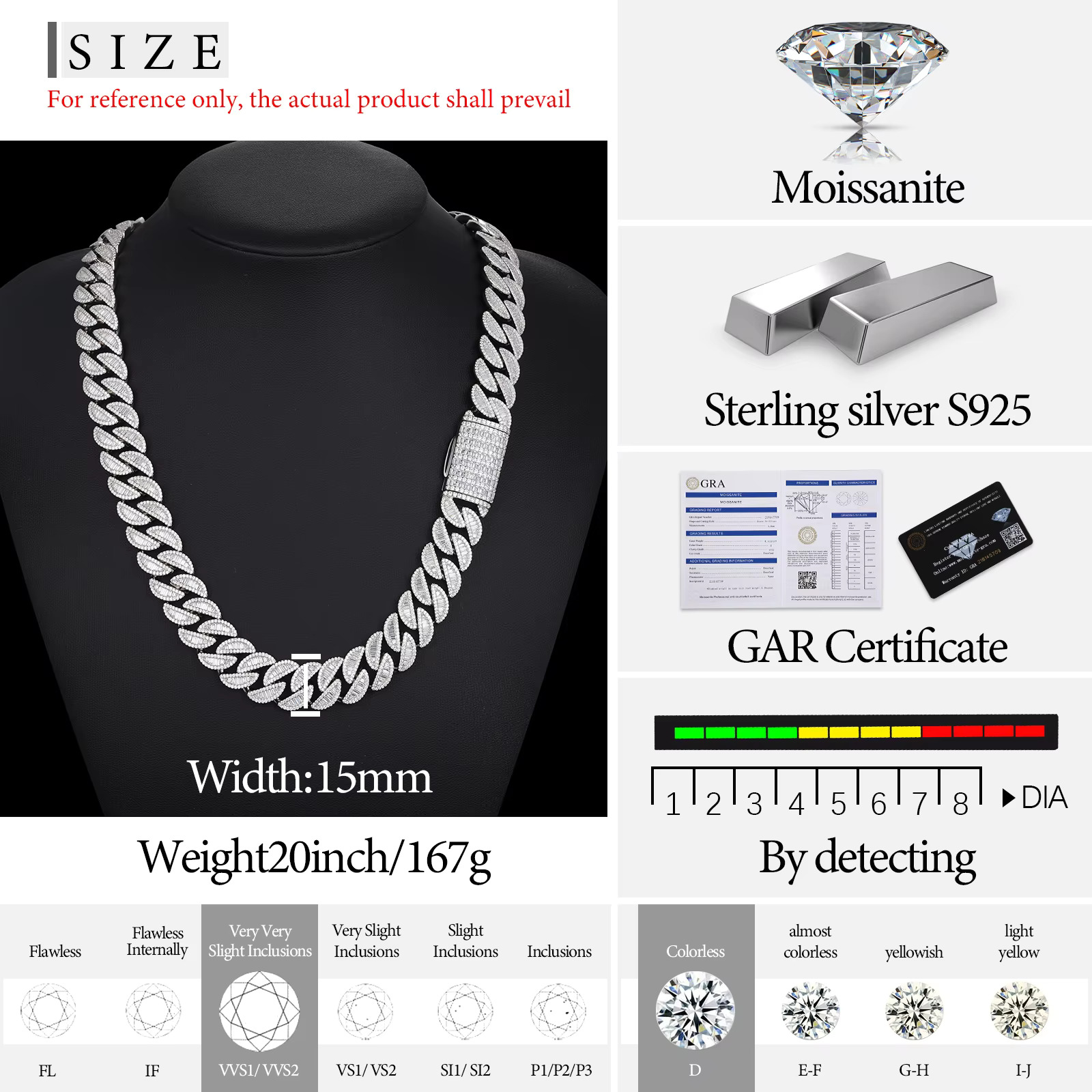 New Style Hip Hop Mens Jewelry 15mm Sterg Sier VVS Baguette Moissanite Dia Iced Out Cuban k Chain Necklace